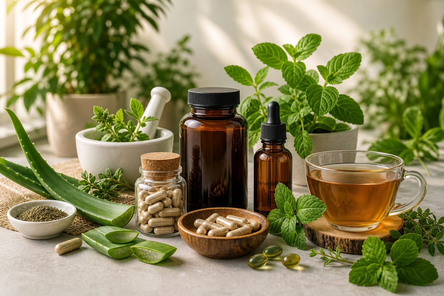 Herbal wellness products with aloe vera, mint, tea, and supplement bottles