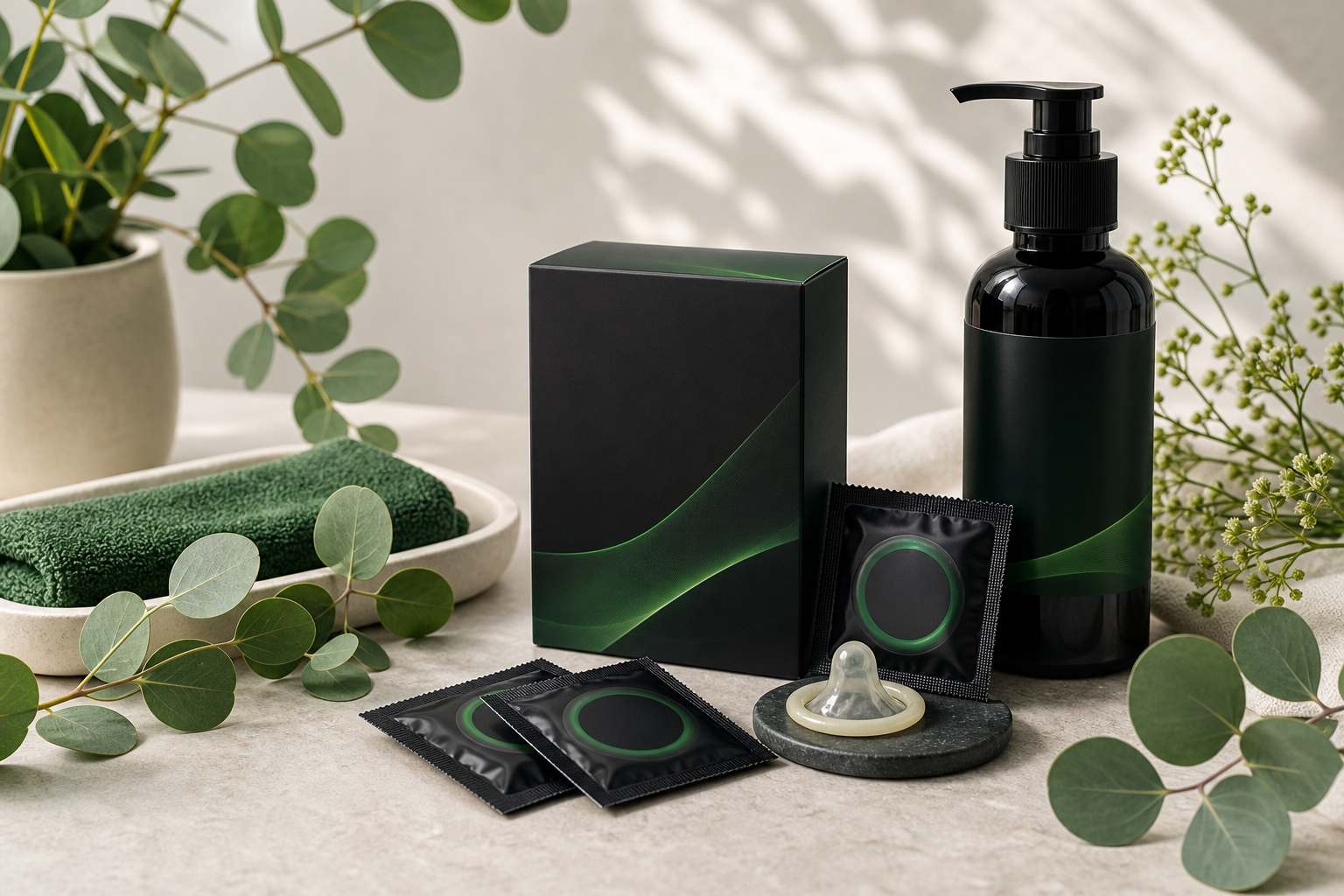 Discreet sexual wellness products with eucalyptus leaves and premium black packaging