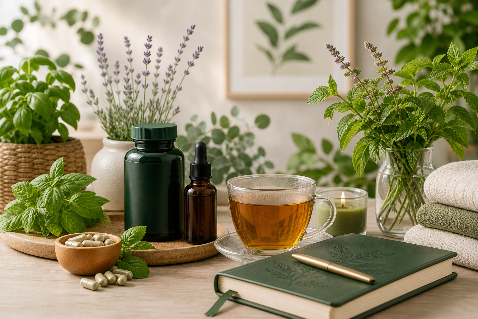 Wellbeing products with herbs, tea, journal, towels, and supplements